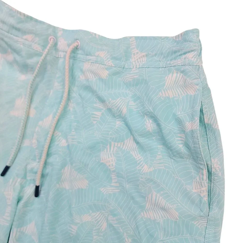 Johnnie-O Swim Shorts Mens Small Aqua Palm Leaf Mesh Lined Swim Trunks Beach